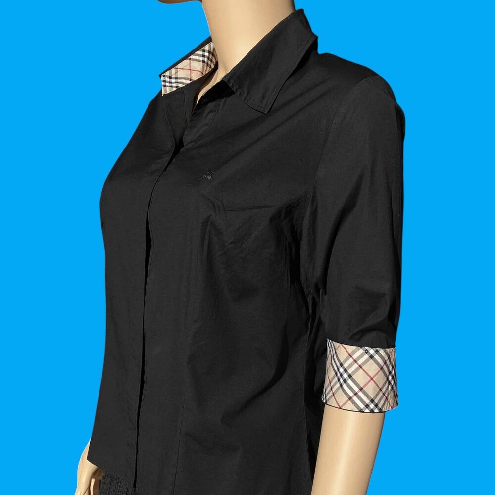 Burberry London 3/4 Sleeve Black Shirt Button-Up Nova Check Trim Size 13 M L